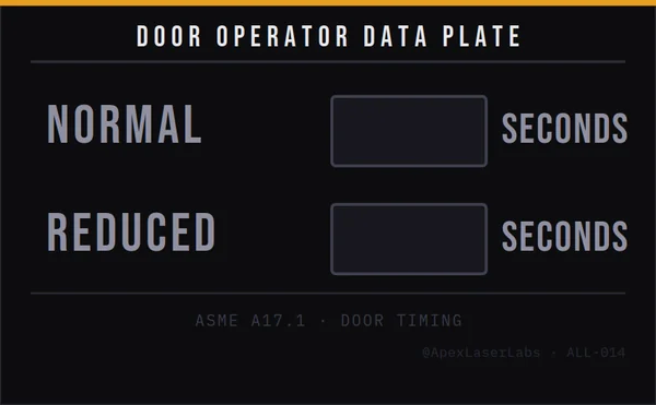 Laser-engraved ASME A17.1 elevator door operator data plate recording normal and reduced door timing