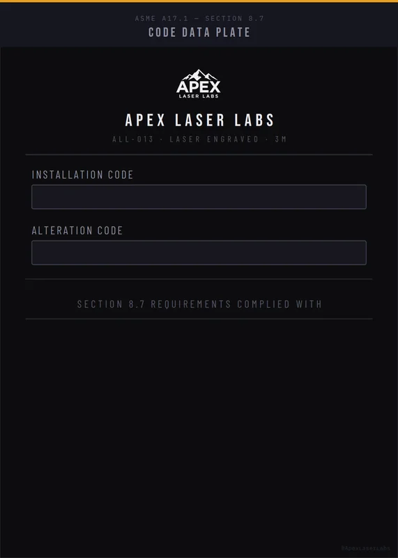 Laser-engraved ASME A17.1 elevator code data plate recording installation code edition and alteration code