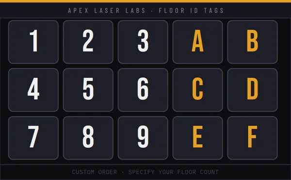 Laser-engraved elevator floor identification numbers and letters tags, compact format