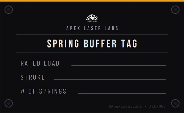 Laser-engraved ASME A17.1 elevator spring buffer data tag with load rating, stroke, and number of springs fields